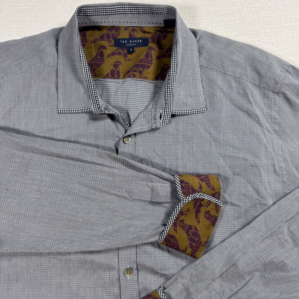 Ted Baker London Mens Grey Micro Check Bird Print Trim Cotton Shirt Size 6 XL